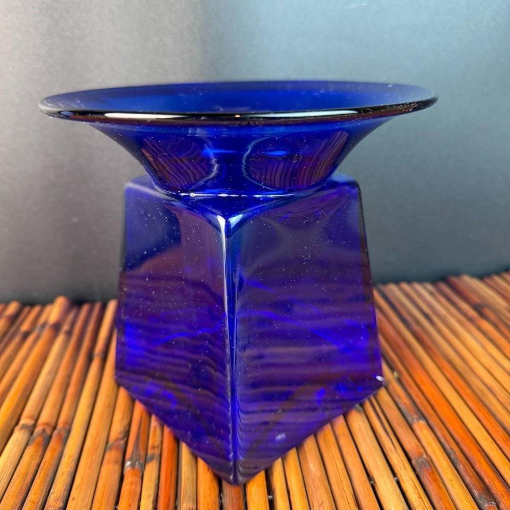 Cobalt Blue Art Glass Handblown Vase or Candle holder unique wide rim 5.5" tall - Picture 3 of 7